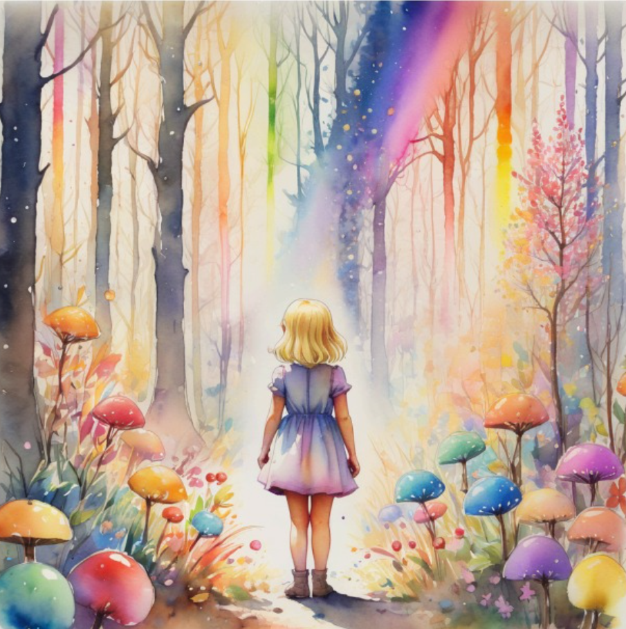Illustration from 'Mila's Magical Journey': Mila stands in a colorful enchanted forest with a rainbow of light.